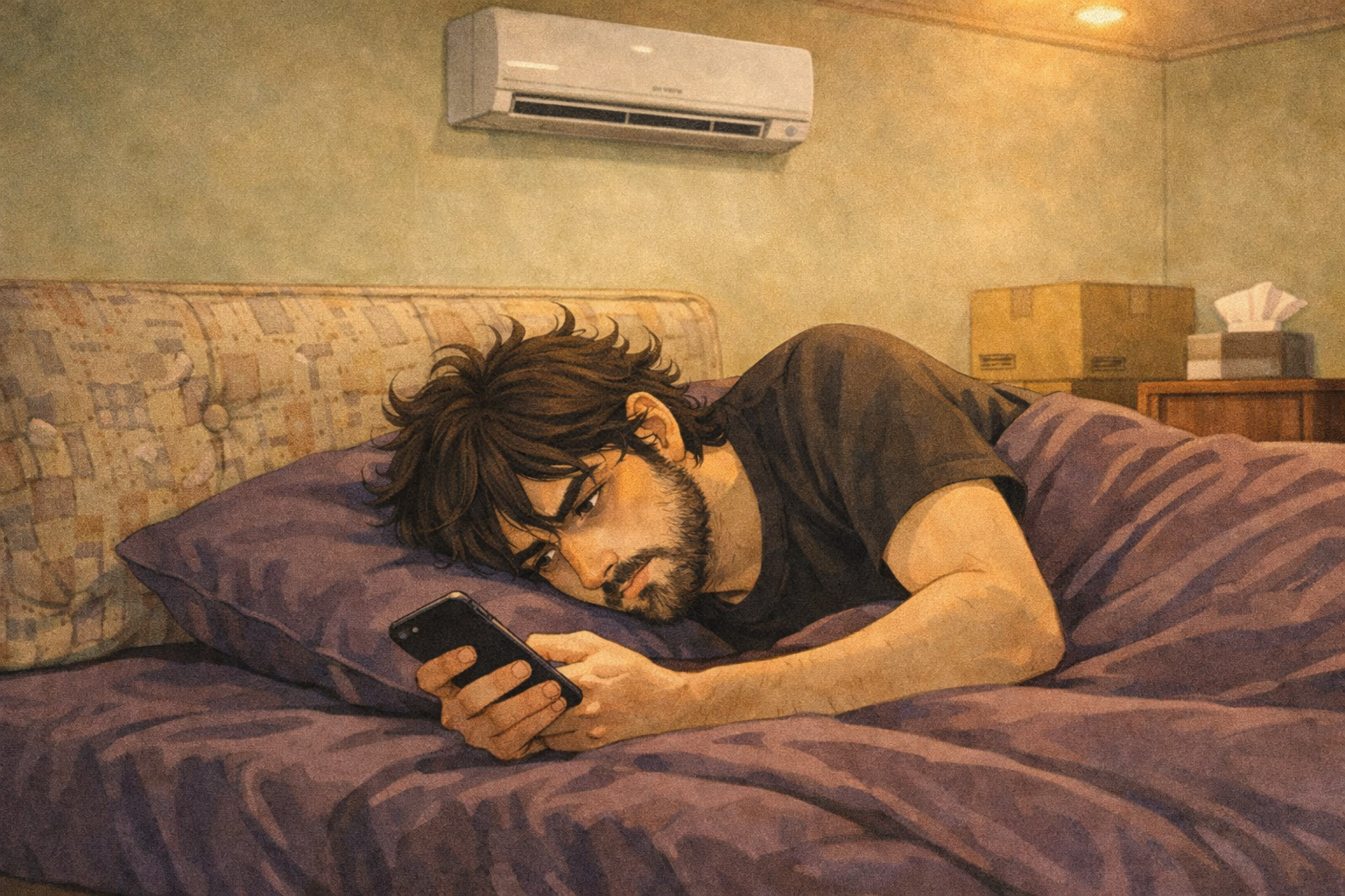 A Saudi bedroom — Faris sits on the bed, phone in hand, staring at a devastating message. Half-unpacked boxes from different countries surround him.